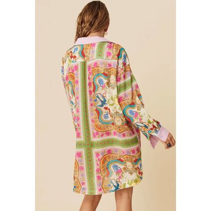 Multicolour Boho Floral Print Buttoned Long Sleeve Shirt Dress