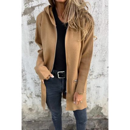 Light French Beige Solid Color Casual Zip up Hooded Coat
