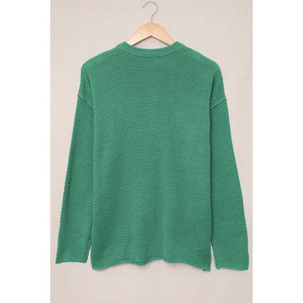 Green-2 Henley Pullover Drop Shoulder Sweater with Slits
