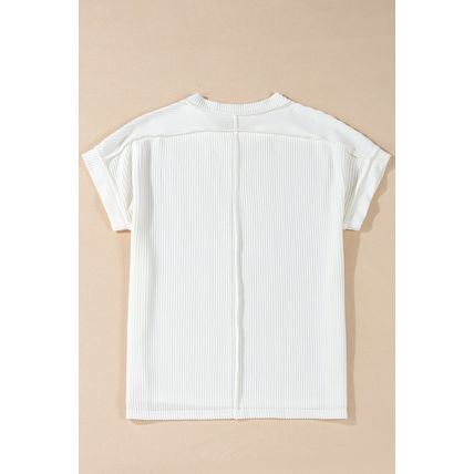 White Textured Knit Exposed Stitching T-shirt