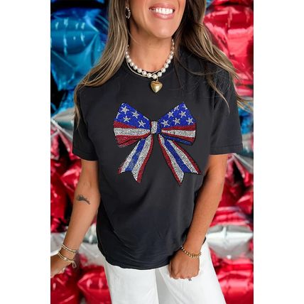 Black Rhinestone Stars and Stripes Bow Graphic Independence Day T Shirt