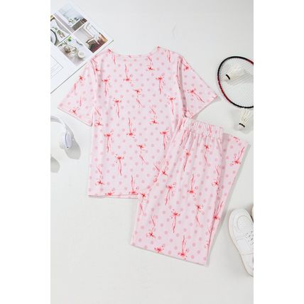 Pink Bow Knot Polka Dot Print Short Sleeve Top Lounge Set