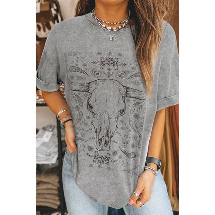 Light Grey Western Steer Head Tie Dye Print Crew Neck T Shirt