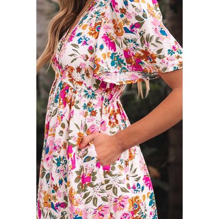 Red Floral Short Sleeve V Neck High Waist Maxi Dress