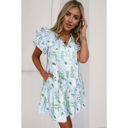 Sky Blue Floral Contrast Edge Layered Short Sleeve Mini Dress