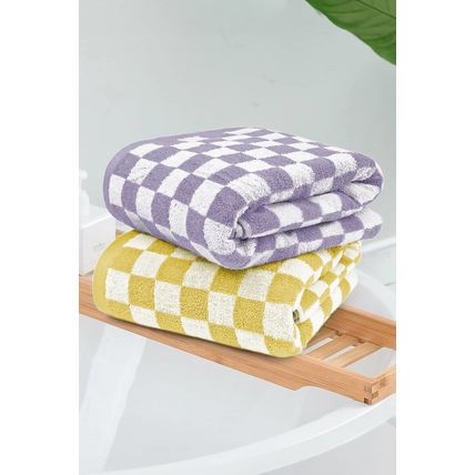 Yellow Cream Checkered Print Soft Large Bath Towel