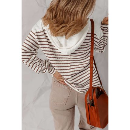 Khaki Stripe Textured Hooded V Neck Casual Long Sleeve Top