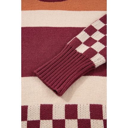 Brown Checkered Color Block Knitted Drop Shoulder Sweater