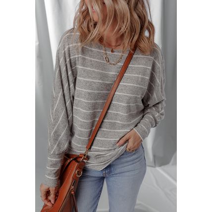 Gray Stripe Dolman Sleeve Drop Shoulder Top