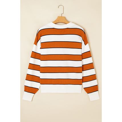 Brown Stripe Ribbed Polo Collar Drop Shoulder Sweater