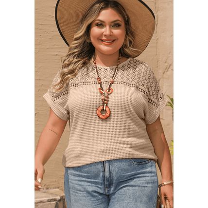Oatmeal Lace Patchwork Waffle Short Sleeve Plus Size Top