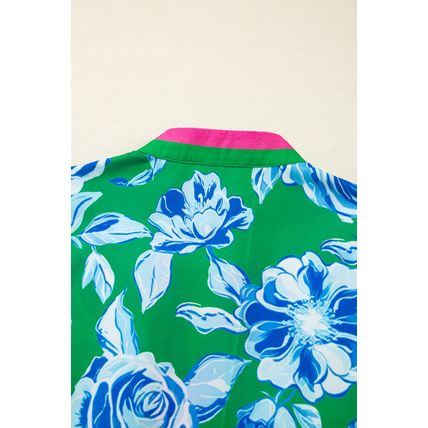 Green Floral Print Short Puff Sleeve Plus Size Top