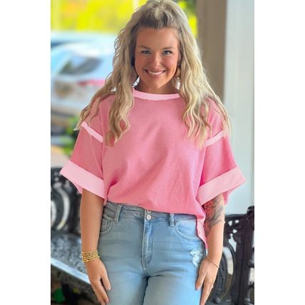 Peach Blossom Two Tones Patchwork Half Sleeve Plus Size T Shirt