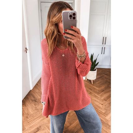 Coral Crochet Hollow-out Jumper Top Sweater