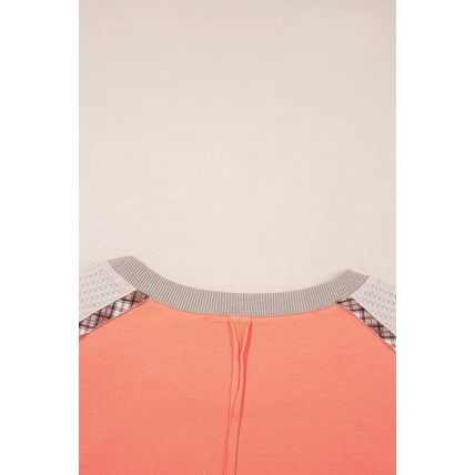 Grapefruit Orange Plaid Waffle Flower Patchwork Bracelet Sleeve Top