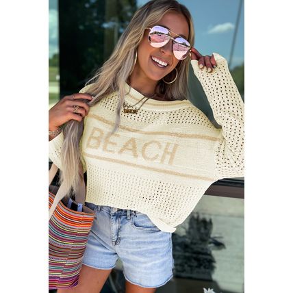 White BEACH Hollow Out Knitted Lightweight Dolman Sweater