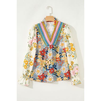 Sky Blue Floral Print Ruffled Long Sleeve Crochet Trim V Neck Blouse