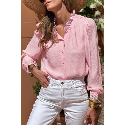 Gossamer Pink Lace Patchwork Edge Collarless Button Up Shirt
