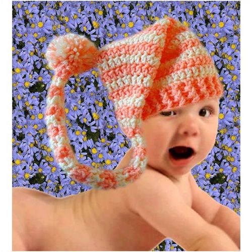 Baby long tail elf hat #BH001 crochet cream and pink 0-3 months