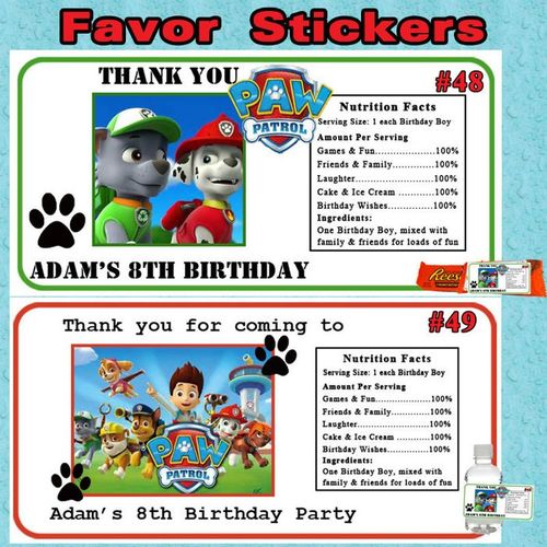 Paw Patrol Birthday Favor Bag/Box Stickers/Labels 1 sheet Personalized