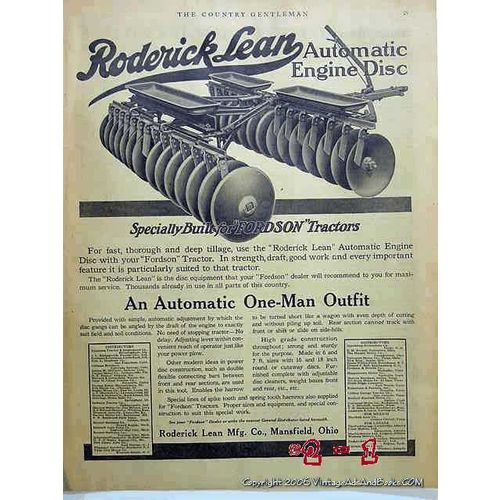 RODERICK LEAN MFG COMPANY 1918 Fordson Tractor Engine Disc vintage ad