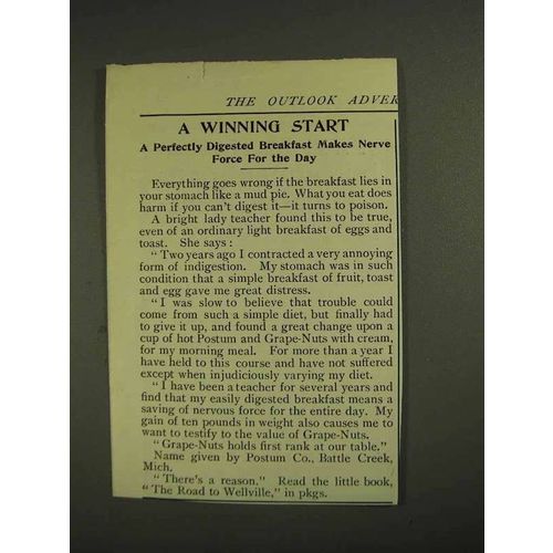 1906 Postum Grape-Nuts Cereal Ad - A Winning Start