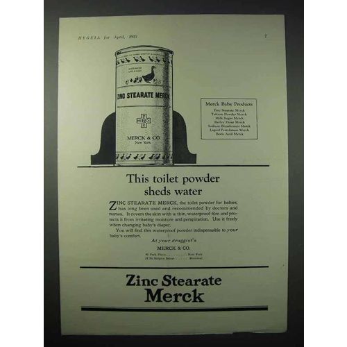 1923 Merck Zinc Stearate Ad - Toilet Powder Sheds Water