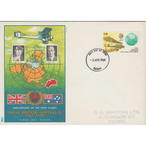 GB 1969 Notable Anniversaries 1st Australia flight picture FDC Derby pm