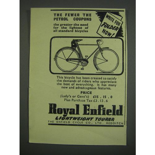 1949 Royal Enfield Lightweight Tourer Bicycle Ad - The fewer the petrol coupons