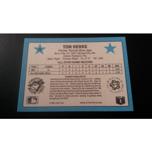 1988 Donruss All-Stars Card # 28 Tom Henke Excellent (5) Toronto Blue Jays