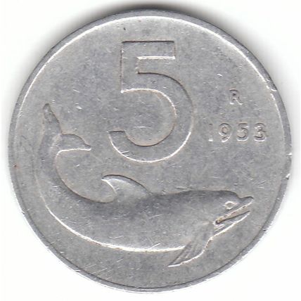 1953 Italy 5 Lire Aluminum Coin - Rudder and Dolphin