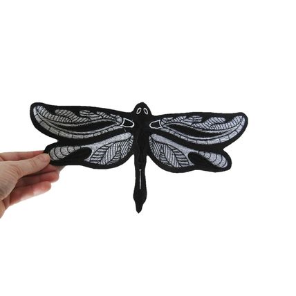 Large Dragonfly Iron On Patch Embroidered Black And White 32.5cm X 16cm P104