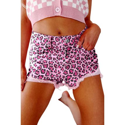 Pink Leopard Print Raw Hem Denim Shorts