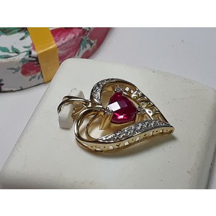 Estate 3/4ctw Heart Cut Lab Ruby &White Diamond "MOM" Heart 10Kt YG Pendant20483