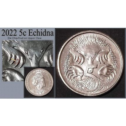 Australia 2022 5c Echidna ~ Die Chip/Cud on Front Claw - Circulated [1a1]