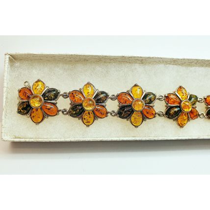 Vintage Polish Valerio 925 Sterling Silver Baltic Amber Chunky Flower Bracelet