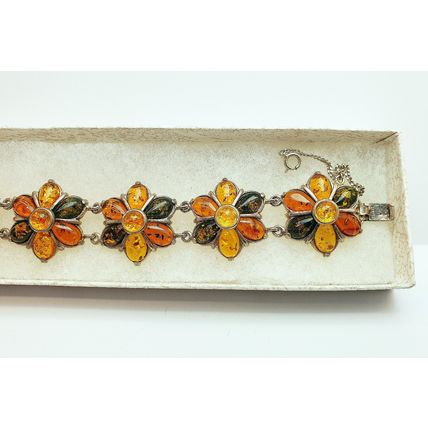 Vintage Polish Valerio 925 Sterling Silver Baltic Amber Chunky Flower Bracelet