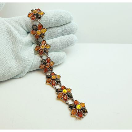 Vintage Polish Valerio 925 Sterling Silver Baltic Amber Chunky Flower Bracelet