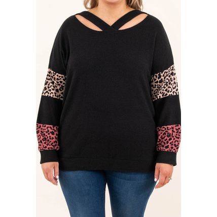 Black Plus Size Leopard Patchwork Strappy Neck Top