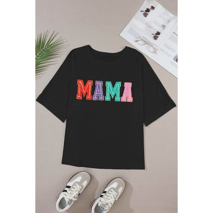 Black MAMA Chenille Patched Crew Neck T Shirt