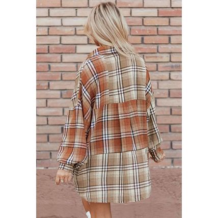 Khaki Plaid Colorblock Patchwork High Low Shacket