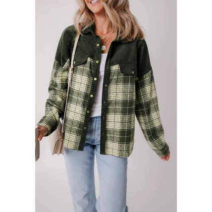 Blackish Green Snap Buttons Colorblock Plaid Shacket