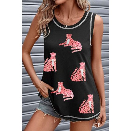Black Sequin Cheetah Round Neck Stitching Loose Tank Top