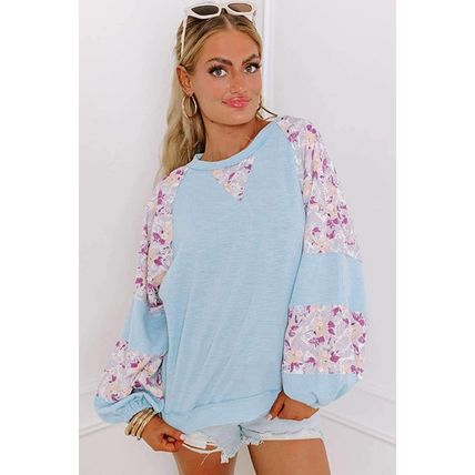 Beau Blue Textured Floral Patchwork Balloon Sleeve Blouse