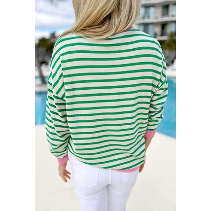Bright Green Striped Contrast Edge Long Sleeve Top