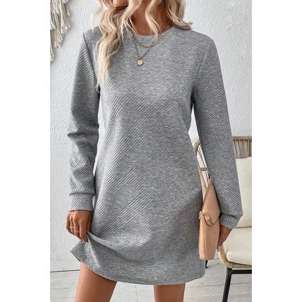Gray Solid Color Textured Long Sleeve Shift Dress