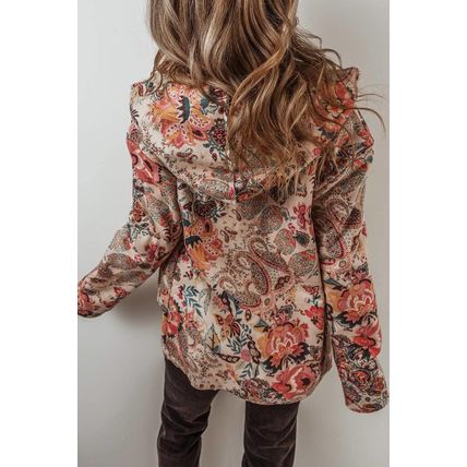 Beige Vintage Paisley Floral Printed Sherpa Lined Hooded Jacket