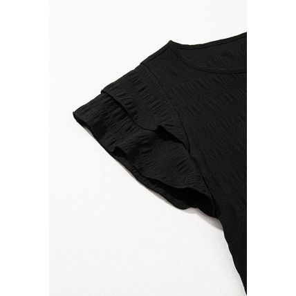 Black Textured Ruffled Sleeve Round Neck Top