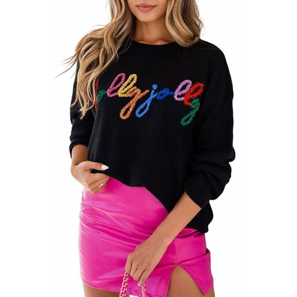 Black Holly Jolly Round Neck Casual Sweater