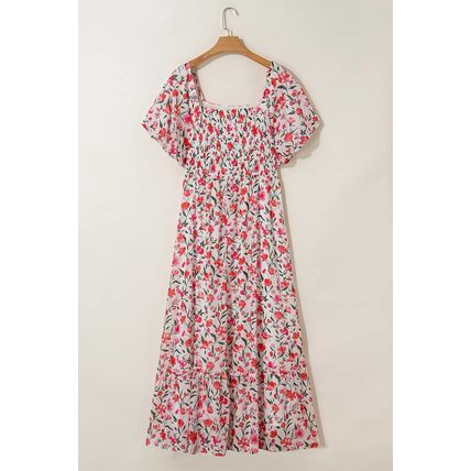 Pink Plus Size Floral Square Neck Puff Sleeve Ruffle Maxi Dress